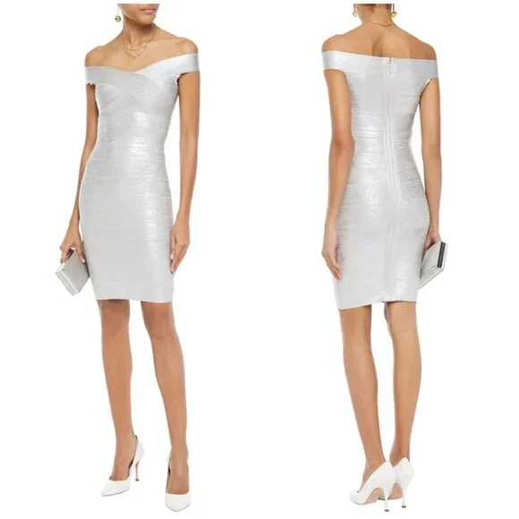 💕HERVE LEGER💕 Criss Cross Foil Bandage Dress ~ Silver Foil Large L NWT - Picture 6 of 16
